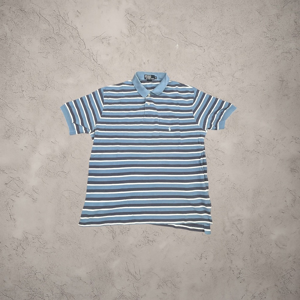 Polo Ralph Lauren Striped Polo Shirt Mens XL Blue White Y2K Vintage Boxy Fit
